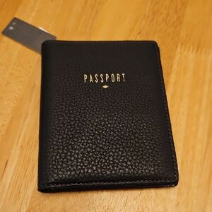 Fossil Black Pebbled Leather Passport Holder with Gold Foil